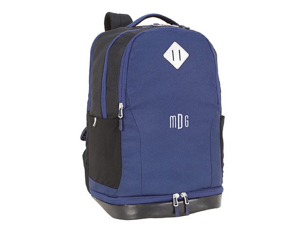 dark blue monogrammed backpack