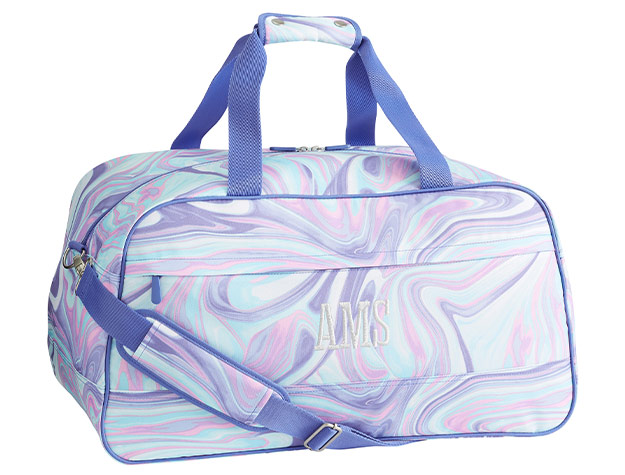 pink and purple marbled duffel