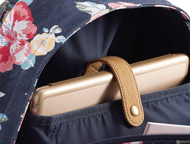 floral backpack with tablet in pocket