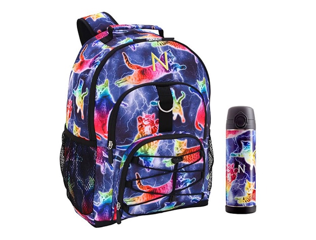 Rainbow cat backpack with matching thermos.