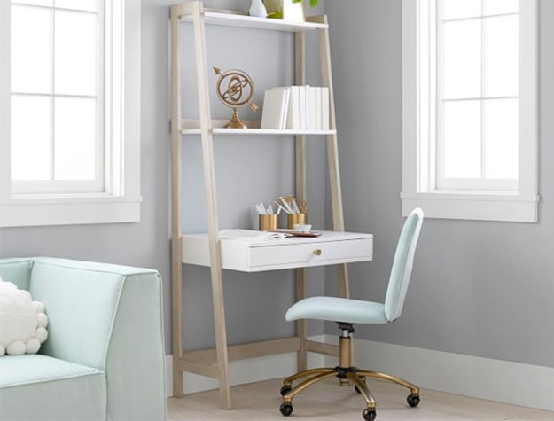 wall desk with books and swivel chair 