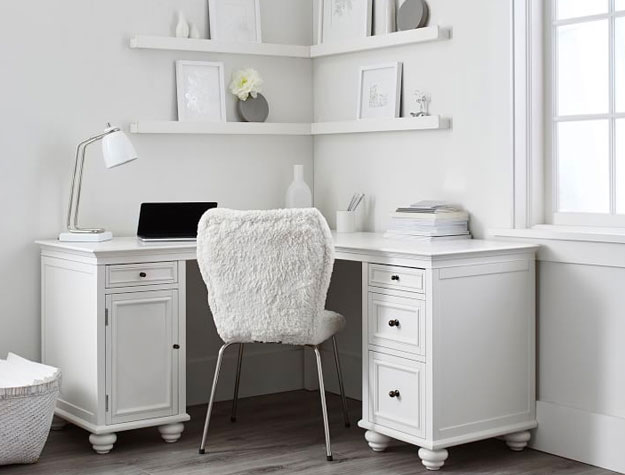 white corner desk with furry white chair