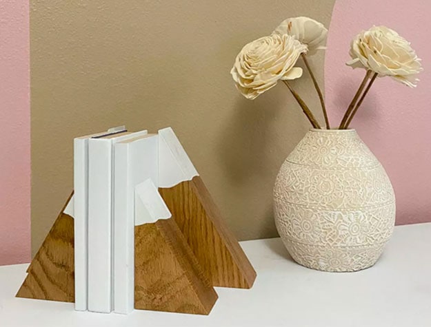 DIY wooden and white mountain-shaped bookends