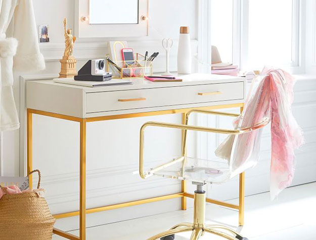 white and gold desk with swivel chair