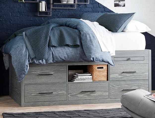 Storage bed with shelves and drawers