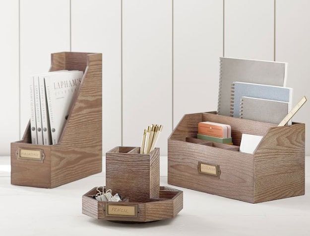 wooden desk organizers with labels