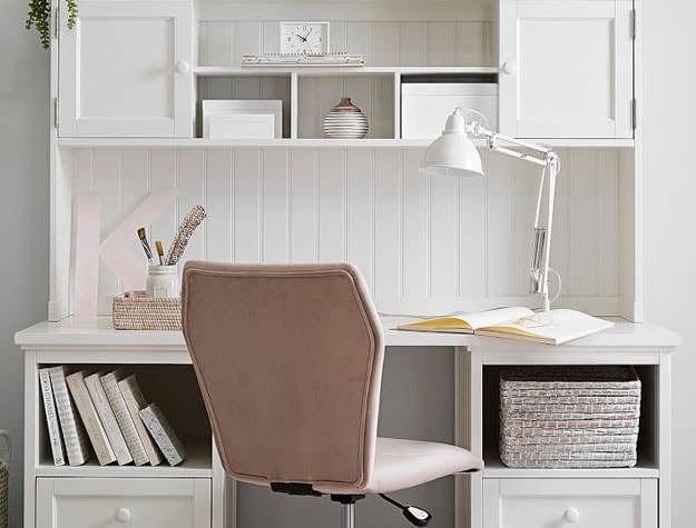 white desk hutch with tan desk chair