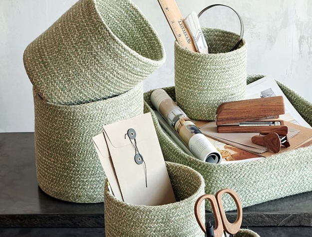 green woven storage baskets