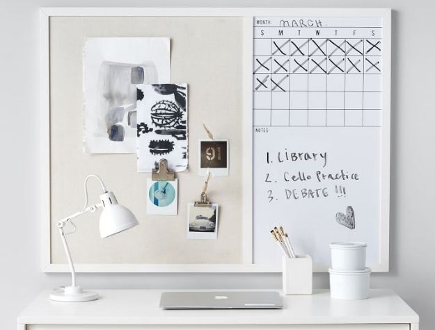 pinboard above desk with calendar