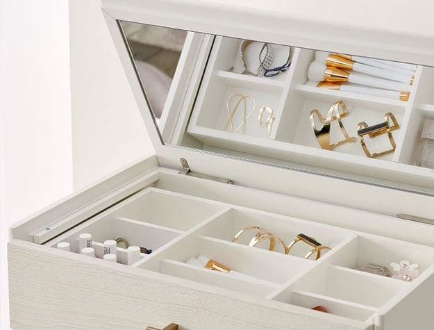White jewelry display and storage with mirror and drawers