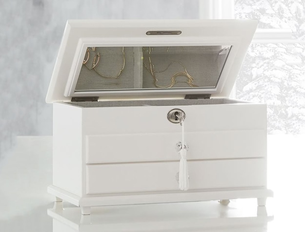 Small white jewelry box with mirror and tassel