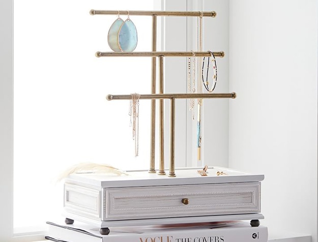 Wood and metal jewelry display stand with drawer