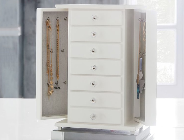 White jewelry tower and display case with drawers