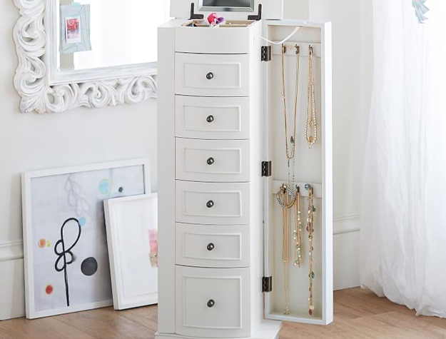 White jewelry armoire with six drawers