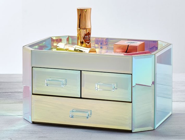 Iridescent jewelry box and display case with drawers