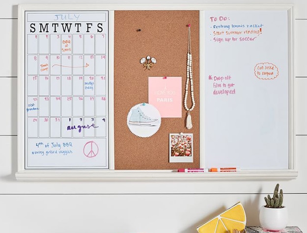Study wall board with pinned items and calendar.