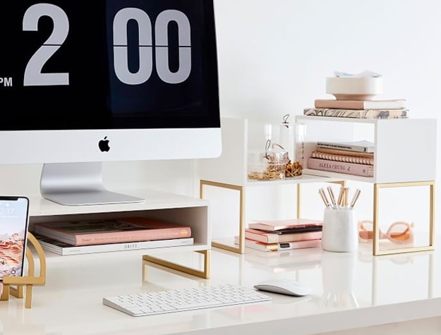 Well-organized desk with Glam Desk Riser & Shelves Set, and a Mac computer.