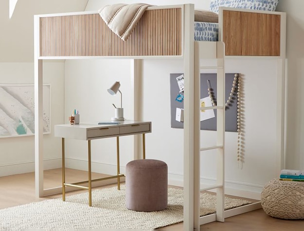 west elm x pbt Quinn Loft Bed styled in a minimalist bedroom.