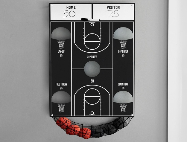 a board with multiple hoops and bean bags representing basketballs