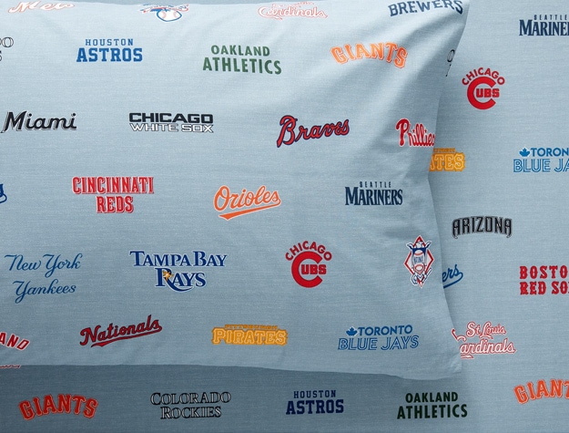 Baby blue pillows showcasing a variety of different MLB teams