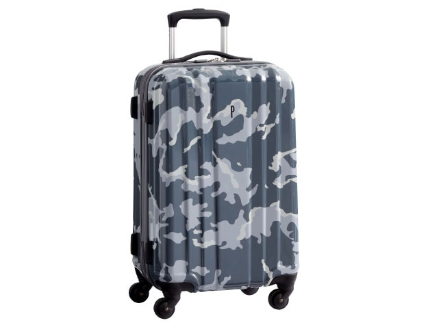 A camo-colored piece of carry-on luggage.