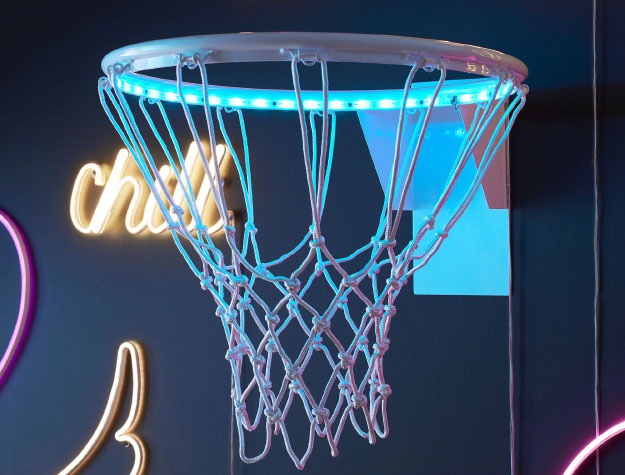 An LED basketball hoop mounted on a wall with other LED lights.