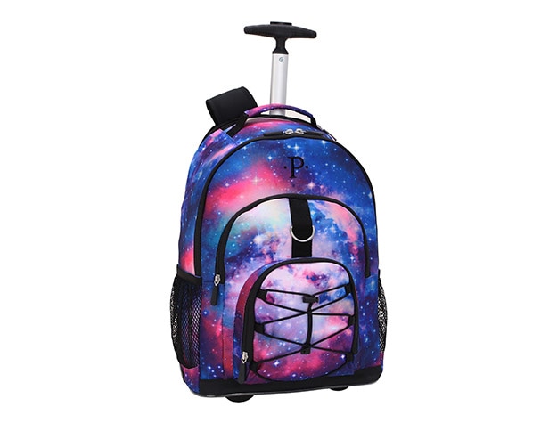 rolling backpack with blue and pink stars