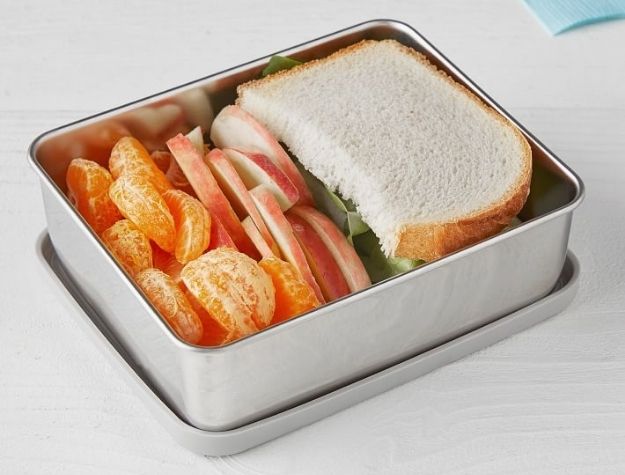 stainless steel sandwich box with oranges and apples
