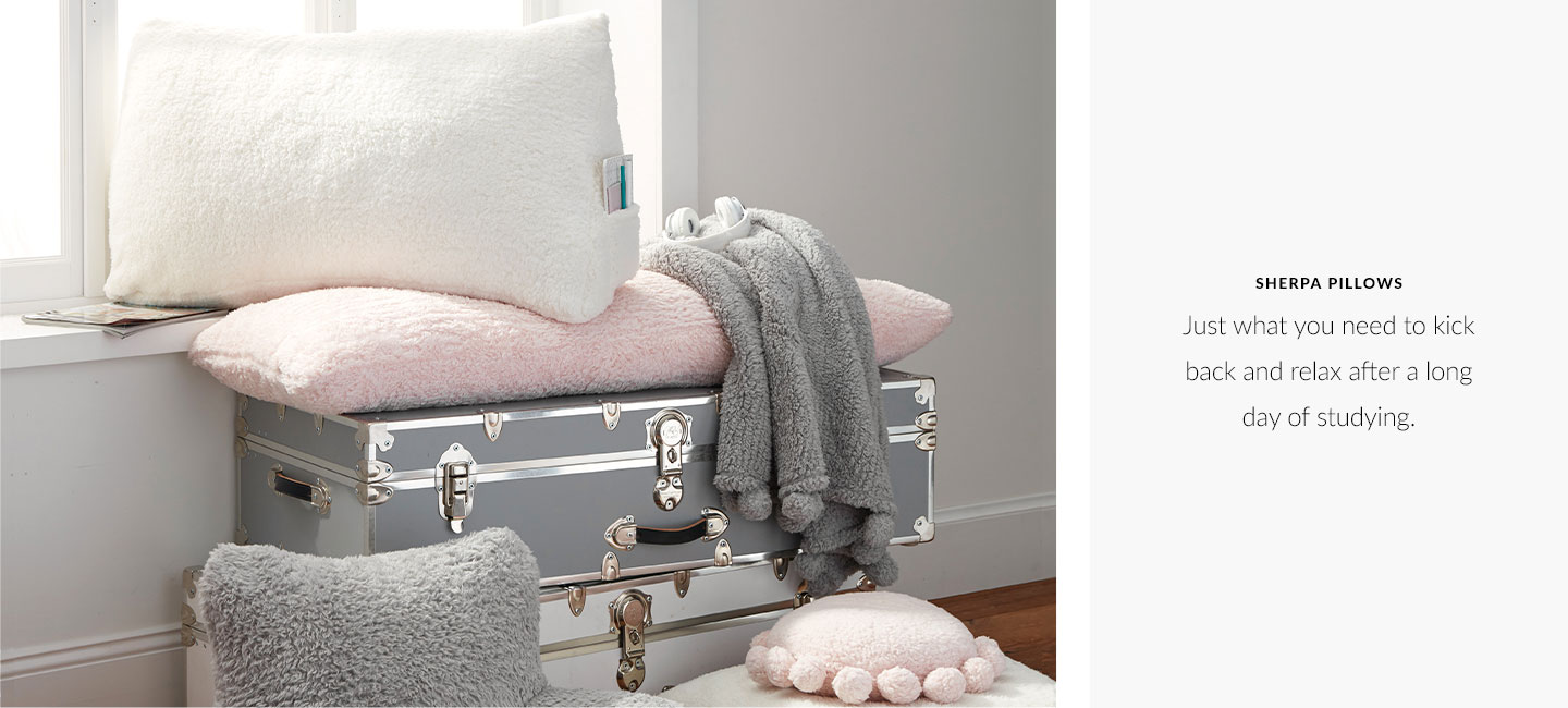 Sherpa Pillows – Just what you need to kick back and relax after a long day of studying. Sherpa Pillows – Just what you need to kick back and relax after a long day of studying.