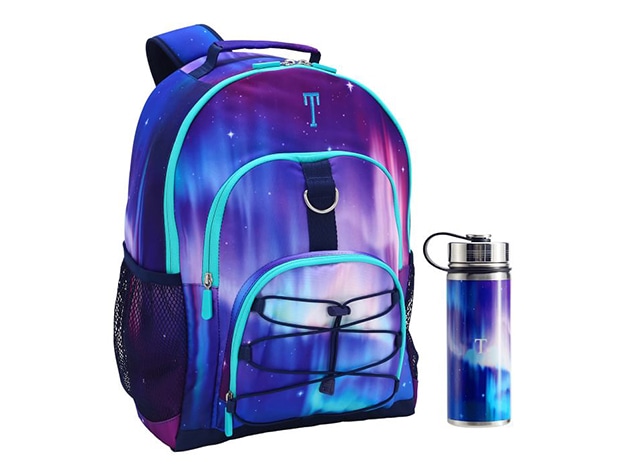 Blue and purple backpack with matching thermos.
