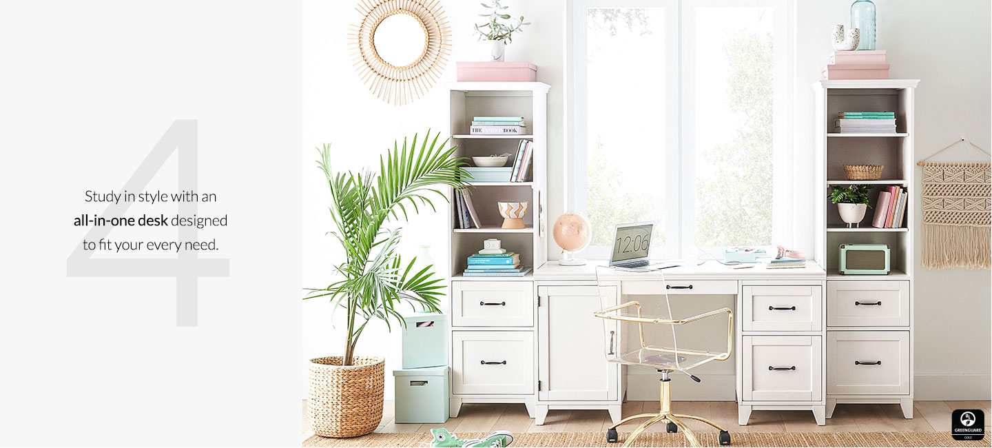Study in style with an all-in-one desk designed to fit your every need. Study in style with an all-in-one desk designed to fit your every need.