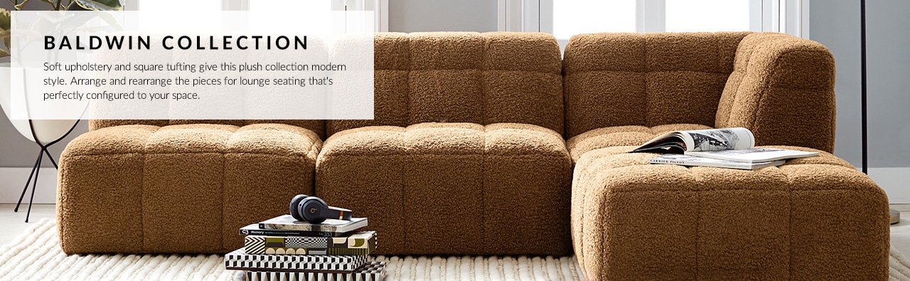 Baldwin Collection – Soft upholstery and square tufting give thiis plush collection modern style. Arrange and rearrance the pieces for lounge seating that's perfectly configured to your space.