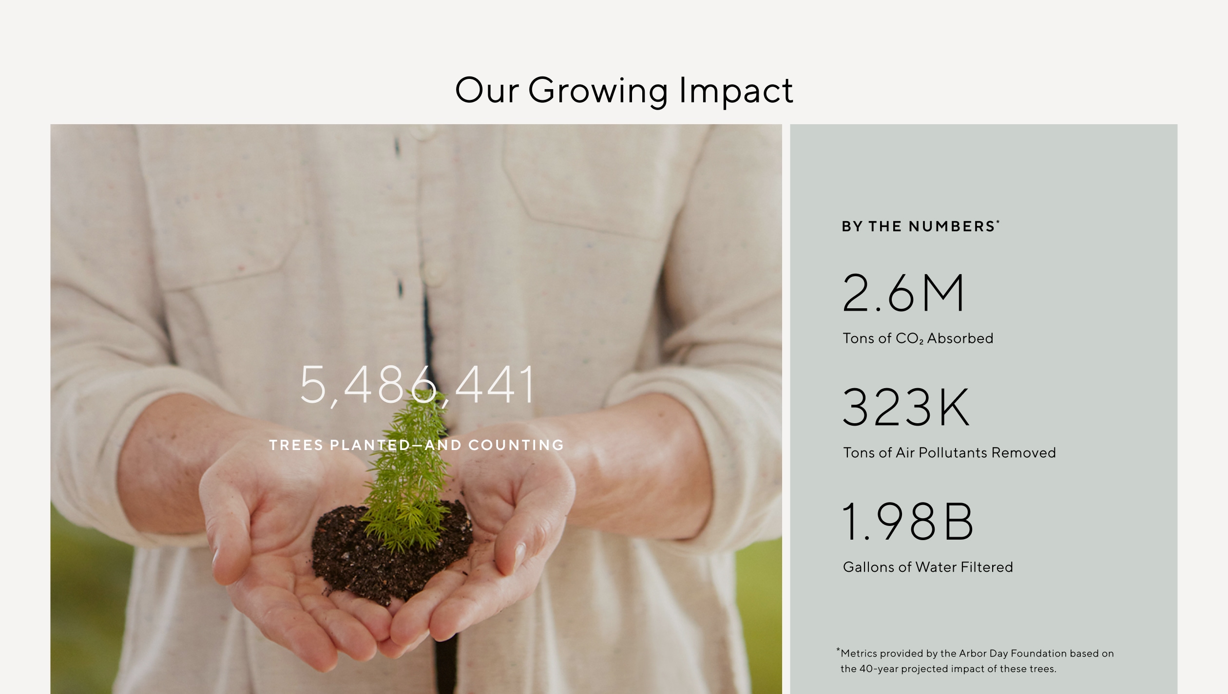 Our Growing Impact. 5,486,441 Trees planted---and counting. By the numbers*: 2.6M Tons of CO2 Absorbed, 323K Tons of Air Pollutants Removed, 1.98B Gallons of Water Filtered. *Metrics provided by the Arbor Day Foundation based on the 40-year projected impact of these trees.