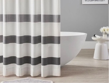 White, black and gray striped shower curtain.