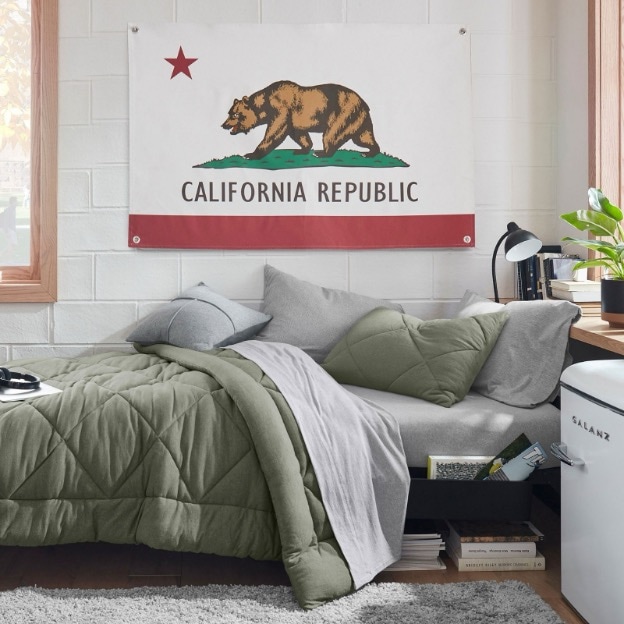 A California state flag hangs above a guy’s dorm bed