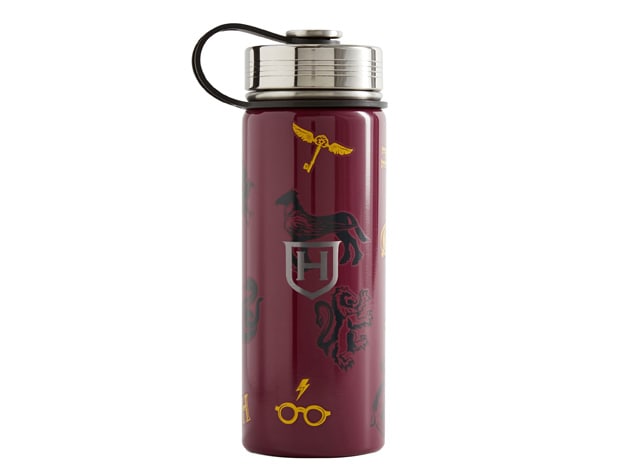 A water bottle features icons from the Wizarding World of Harry Potter.