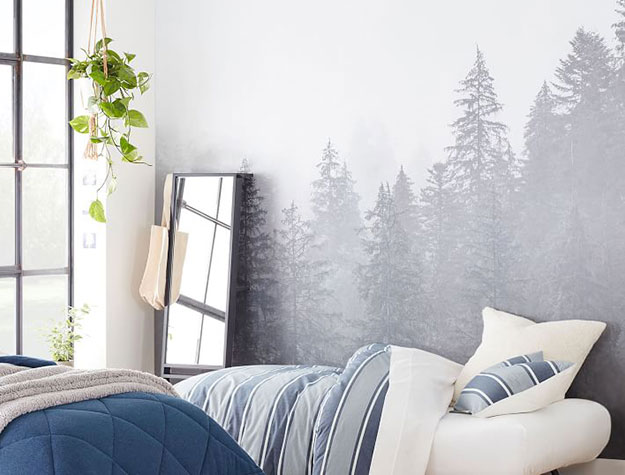 earthy wall mural in bedroom