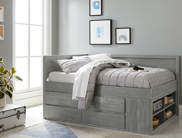 gray platform bed with storage