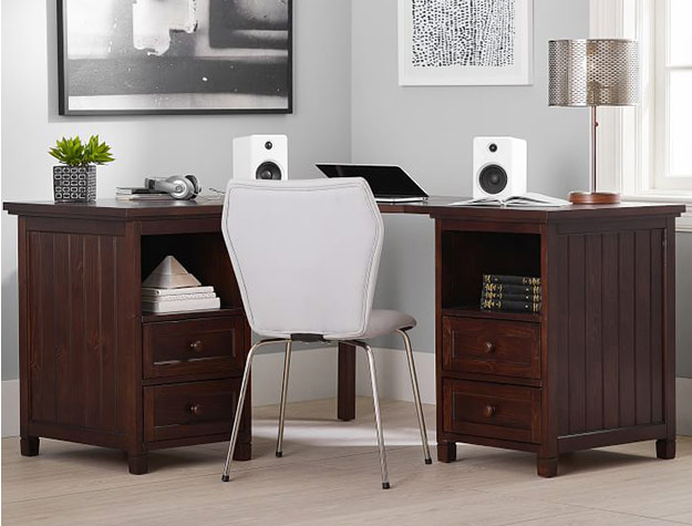 brown corner desk with white chair