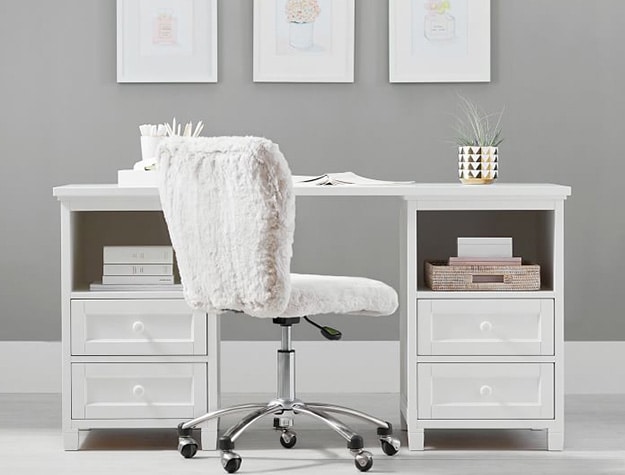 White beadboard smart storage desk and upholstered chair.