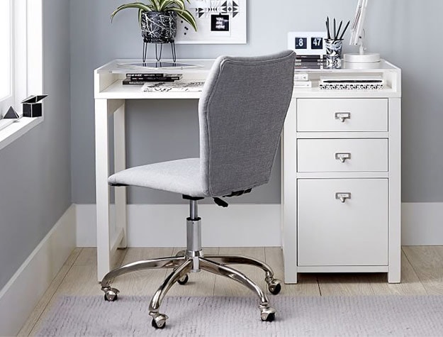 white desk with grey chair