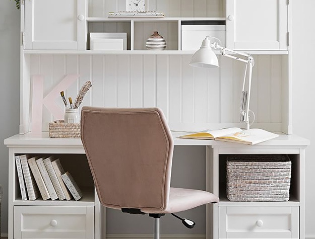 Beadboard storage desk hutch with chair.