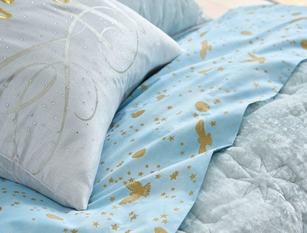 A light-blue sheet set features owls, moons and stars to enchant any Harry Potter fan.
