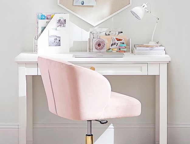 clean white desk with pink office chair