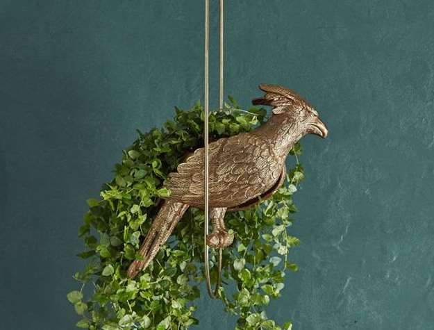 A golden planter shaped like a phoenix hangs from the ceiling.