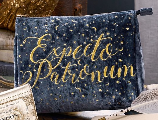 This velvety pouch features the phrase “Expecto Patronum” amidst a starry night sky.