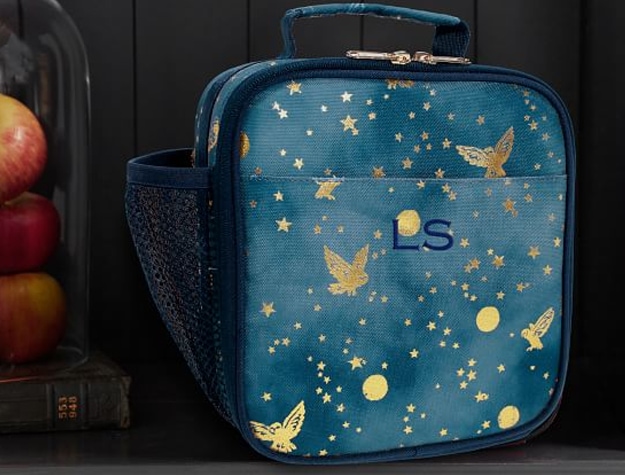 This lunch box features owls, moons and stars against a royal blue background to create an enchanting night sky pattern.