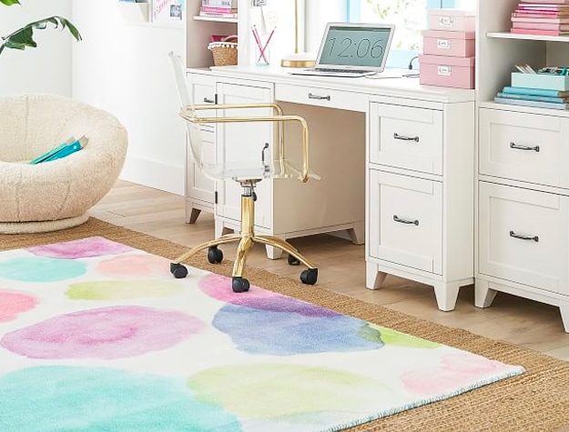 watercolor dot rug in computer room