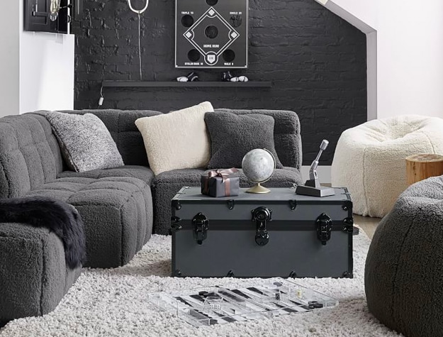 gray and neutral bedroom with dark gray accents