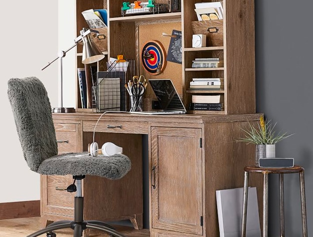 rustic wood computer desk with fuzzy gray chair